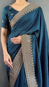 Vente chaude DESIGNER VICHITRA SOIE BRODERIE SIROSKI TRAVAIL PRÊT À PORTER SAREE AVEC CHEMISIER NON COUDU BLEU - Product Image 2