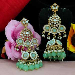 Traditional Heritage Kundan and Hanging <b>Pearls</b> Jhumkas For Women Acrylic Ear Jewelry Regal Appearance Finest Quality <b>Earrings</b> - Product Image 4