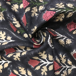 <b>Black</b> Base Hand Block Printed Cotton Fabric with Red & Beige Floral Motif Traditional Indian Textile - Product Image 1