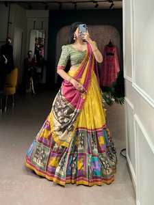 Stunning Tussar Silk Lehenga with Kalamkari With Foil Work and Printed Foil Blouse Designed for Elegance - Product Image 6