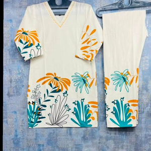 Casual <b>Floral</b> Printed 100% Cotton Top & <b>Trousers</b> Breathable and Soft with Elastic Waist Closure for Summer Fashion - Product Image 2