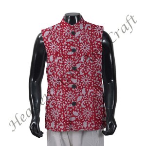Chaqueta de algodón para hombre de otoño e invierno, Abrigo acolchado con estampado de bloques a mano, decoración de botones florales, acabado transpirable - Product Image 5