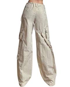 Pantalon cargo beige pour femme, taille haute, jambe large, pantalon utilitaire, streetwear, coupe ample, multi-poches, pantalon décontracté tendance - Product Image 2