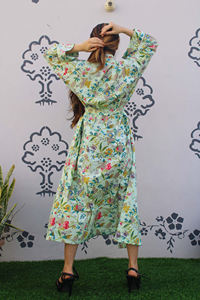 Kimono indio de algodón hecho a mano 100% Heritage Boho Chic con estampado Floral hendidura cintura corbata bolsillos Kimono serigrafiado - Product Image 3