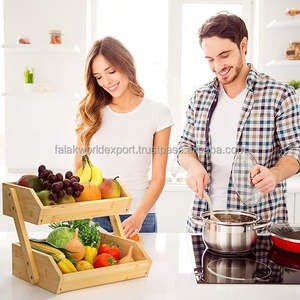 Customized Bamboo Wooden Fruit <b>Vegetable</b> Racks Organizer Kitchen Utensils Storage <b>Basket</b> <b>Stand</b> With 2 Tier By FWE - Product Image 1