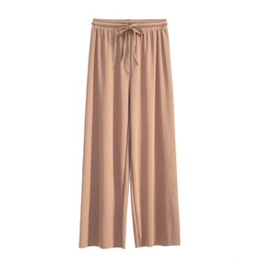 Femmes décontracté été cheville longueur jambe large pantalon solide taille élastique lâche glace soie plat avant printemps/été femme pantalon - Product Image 1