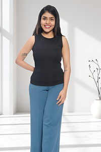 เสื้อกล้ามสตรีแขนกุดผ้าใยโพลีเอสเตอร์สีดำผสมคอกลมยืดถักเหมาะสำหรับสวมใส่ในชีวิตประจำวันสบายสุดชิค - Product Image 2