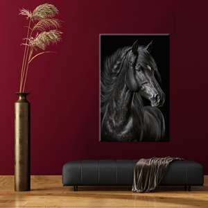 Elegante cuadro en lienzo con estampado de caballo negro - Decoración moderna para pared, estirado sobre lienzo - Product Image 1