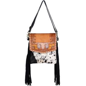 Hot Selling Bohemian Fashion Women's Genuine Leather Single Strap <b>Zip</b> Shoulder <b>Bag</b> Vintage Cowhide Fur Hairon Carving Canvas - Product Image 1