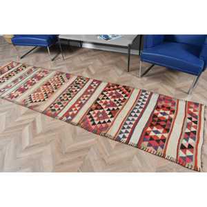 พรมตุรกีวินเทจ ขนาด 2.7x10.2 ฟุต (82x311 ซม.) พรมคิลิมสีแดงน้ำเงินลายอิคัต - Product Image 5