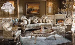 Juego de Sofás de 5 Plazas de Madera de Teca Dorada Estilo Italiano Antiguo para Sala de Estar con Tallado Real de Lujo - Product Image 5