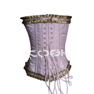 Corset victorien blanc en brocart avec baleines en acier et bordure en ruban doré à volants - Product Image 4