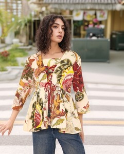 เสื้อเคอตตอนพิมพ์ลายสีเบจทันสมัยทันสมัยแบบร้อนพร้อมคริสครอสผูกเพิ่มความสดชื่นให้กับสไตล์หวานๆ - Product Image 4