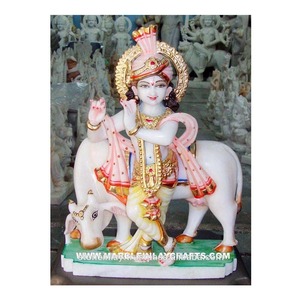 Estatua de mármol blanco pulido de la mejor calidad, superficie suave y brillante, de pie, Krishna Near Cow, precio bajo - Product Image 1