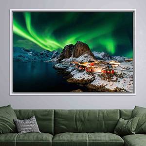 Toile imprimée Lofoten Northern Lights : Art paysager aérien vibrant, toile encadrée blanche - Product Image 1