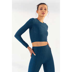 Camiseta Corta de Manga Larga con Cuello Redondo y Patrón Jacquard Índigo para Mujer TOMMYLIFE - Corte Ajustado, Mezcla de Poliéster y Elastano para Uso Casual - Product Image 1