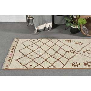 Vintage Turkish Rug Bohemian Beige <b>Brown</b> 2.6 X 10.4ft Large Area Patchwork Flat Weave <b>Wool</b> Latex for Hallway Rectangle Space - Product Image 2