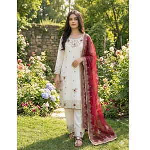 Ensemble Salwar Kameez prêt-à-porter entièrement cousu avec broderie lourde, travail de séquence, haut, palazzo et dupatta - Product Image 1