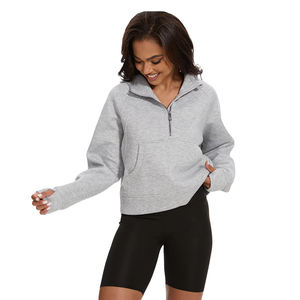 Señoras Crop Top Hoodies Color gris Thumb Hole Half Zip Pullover Gym Fitness Sudadera con capucha recortada para mujer con bolsillo de canguro - Product Image 3