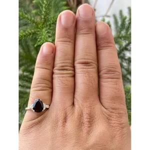 Bague de fiançailles en argent 925 avec quartz fumé, améthyste, pierre naturelle taille poire, motif géométrique, plaqué rhodium, technologie d'incrustation - Product Image 5