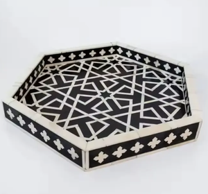 Plateau de service hexagonal en bois naturel incrusté d'os, fait main, de haute qualité, pour la maison, les restaurants, les hôtels - Product Image 1