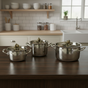 Hammered Stainless Steel Casserole Set <b>with</b> Antique Gold Pumpkin <b>Lid</b> Knobs Luxury Cookware & Serving <b>Pans</b> Pot for Home and Hotel - Product Image 1