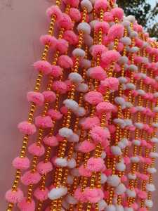 White Pink Pom Pom Garland With Bell <strong>Strings</strong> Decorative <strong>Backdrop</strong> for Weddings Festivals Parties Home Temple Christmas Decor - Product Image 3