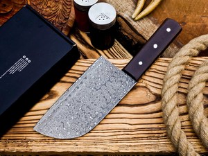 Couteau hachoir couperet en acier damas forgé à la main avec logo personnalisé manche en bois gaine en cuir pour cuisine extérieure cuisson OEM - Product Image 3