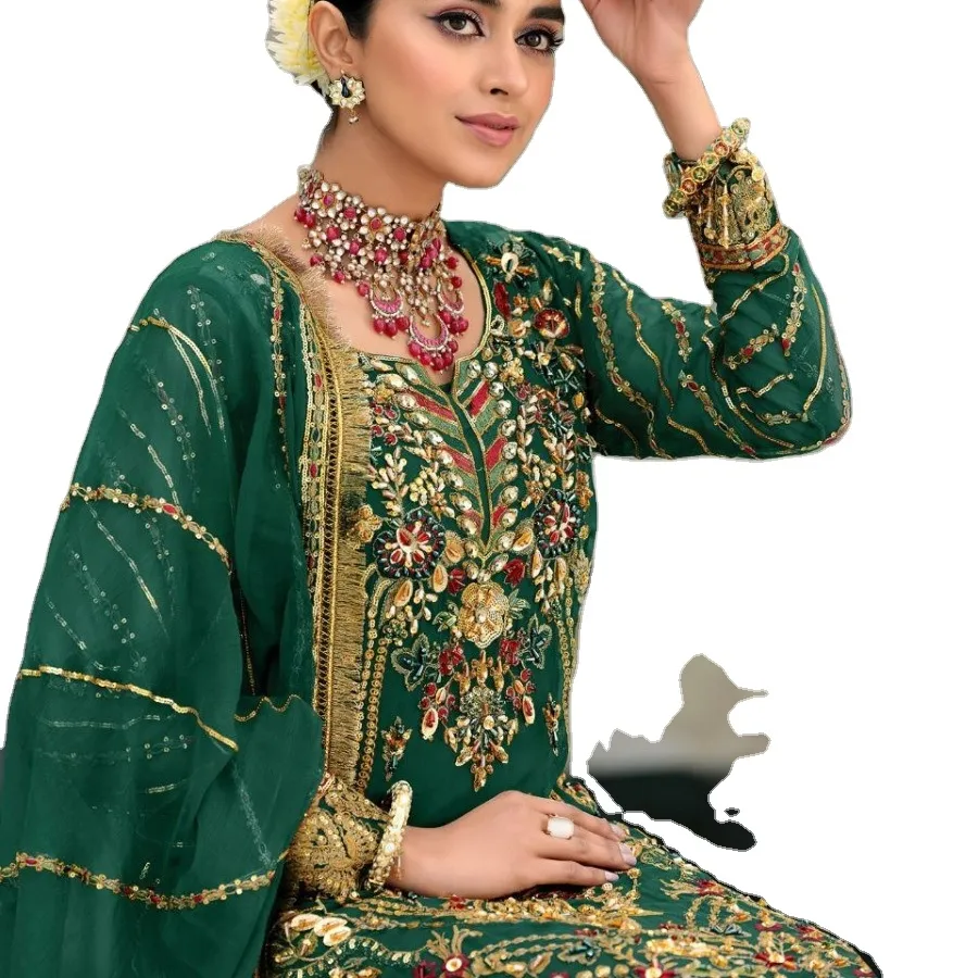 Abbigliamento etnico indiano fantasia rete con ricamo lavoro Salwar Kameez tuta per le donne