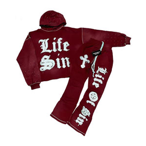 Nouvelle Collection : Ensemble Survêtement à Capuche en Coton Lourd 100% avec Broderies Personnalisées Effet Vieilli et Délavé à l'Acide, Coupe Ample et Bas Évasé - Product Image 2