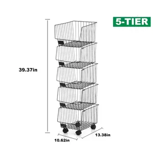5 Tier Fruit <b>Basket</b> with Wheels Metal Storage <b>Wire</b> <b>Stackable</b> Storage <b>Basket</b> Organizer Utility Cart Shelving - Product Image 4