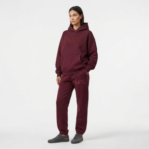Womens <b>Burgundy</b> Hoodie Tracksuit Set Fleece Pullover Sweatshirt Jogger Pants Matching Casual Streetwear Loungewear - Product Image 1