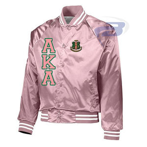 Alfa |   Kapa |   Chaqueta Bomber de Satén de Invierno Alpha Sorority con Letras Griegas en Rosa y Verde, Resistente al Viento, Chaqueta Bomber AKA Sorority - Product Image 1