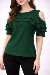 Shoryam Fashion Blusa de Mujer Verde con Cuello Redondo y Manga Media, Hombros Descubiertos con Volantes, Elegante, Estilo Formal Occidental, Sólida, de Crepé de Secado Rápido - Product Image 4