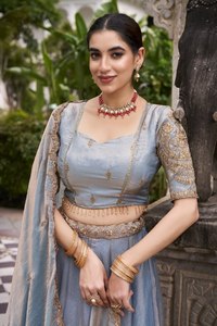 Elegant <b>Gold</b> Lace Embellished Pastel Lehenga Choli for Festive Party Outfits Trending Dreamy Fashion - Product Image 3