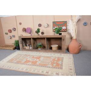 Tapis turc vintage 3.9x7.1ft Orange Beige tissage plat laine Patchwork motif pour salon couloir décorations support en Latex - Product Image 2