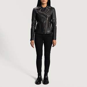 Veste de motard en cuir véritable peau de mouton pour femme, fermeture éclair en Aniline, cloutée, noire, doublure matelassée en Viscose, intérieur et extérieur - Product Image 6
