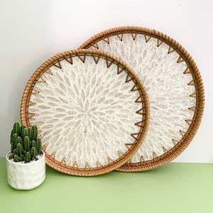 NOUVEAU PRODUIT! Tienphong fait à la main motif blanc rond fait à la main en rotin et nacre plateau de service Table basse plateau à thé - Product Image 3