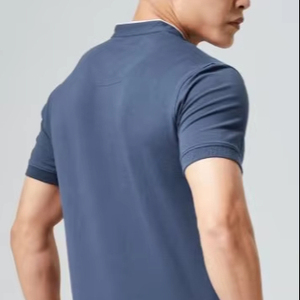 Camiseta informal de algodón 100% azul marino para hombre con cuello mandarín 220 gramos tela de punto patrón sólido diseño teñido liso - Product Image 2