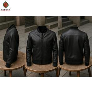 Blouson aviateur en cuir noir pour homme, style décontracté fait main avec motif uni, fermeture éclair d'hiver, col mandarin pour un usage quotidien - Product Image 5