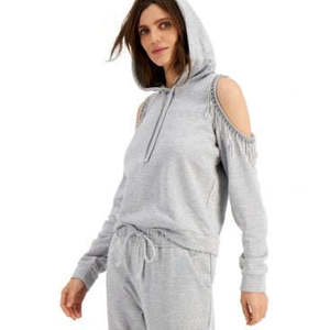 INC International Concepts Felpa con cappuccio grigia da donna di grandi dimensioni, con frange sulle spalle, in tessuto lavorato a maglia traspirante - Product Image 1