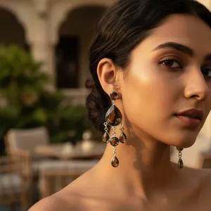 Boucles d'oreilles pendantes en argent 925 plaqué or 18 carats avec quartz fumé pour femmes, pour mariages et fêtes, avec diamant moissanite et perle - Product Image 3