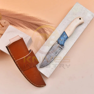 Cuchillo de Caza y Camping de Acero de Damasco Hecho a Mano Más Vendido |   Cuchillo Skinner de Hoja Fija Personalizado con Mango de Hueso y Funda de Cuero (OEM) - Product Image 2
