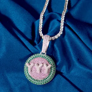 Initiale personnalisée VVS Moissanite médaillon pendentif pavé ensemble de collier de chaîne de rappeur breloque ronde multicolore - Product Image 1