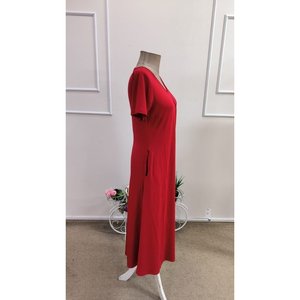 Women's Short-Sleeved V-Neck Midi <b>Viscose</b> <b>Dress</b> with Pocket Detail, 34748 - Red - Product Image 6