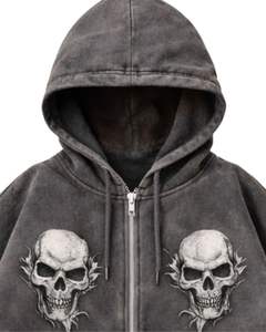 Custom <b>Dark</b> <b>Grey</b> Acid Washed Zip Up <b>Hoodie</b> With Double Skull Print Skeleton Sleeve Graphic Oversized Streetwear Cotton Fleece - Product Image 3