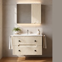 Meuble-lavabo mural moderne pour salle de bain avec miroir LED tactile, armoire en MDF crème, vasque en céramique, design minimaliste, rond, 60 pouces