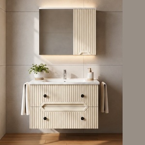 Mueble de Baño Moderno de Pared con Espejo LED Táctil, Gabinete de MDF Color Crema, Lavabo de Cerámica, Diseño Minimalista, Redondo, 60 Pulgadas - Product Image 1