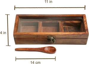 Caja de Especias Pequeña de Madera con Cuchara India Masala Dabba con 3 Compartimentos Namak Daani con Cuchara y Tapa Especias de Madera Sheesham - Product Image 5