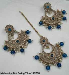 INDIAN EARRINGS TRADITIONAL & FASHIONABLE WITH PEARL EARRINGS and MANGTIKKA <b>SET</b> for WOMEN & <b>GIRLS</b> - Product Image 2